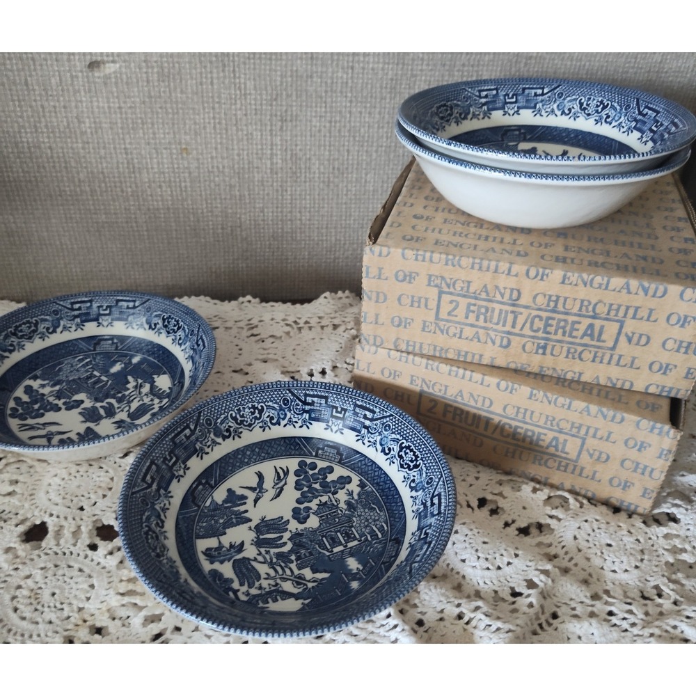Set Of 4 Churchill Blue Willow Cereal Fruit Bowl England Cottage 6 inch Vintage